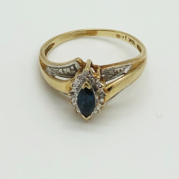 10k yellow gold blue sapphire and diamond chip vintage ring size 6.75 - Picture 3 of 9